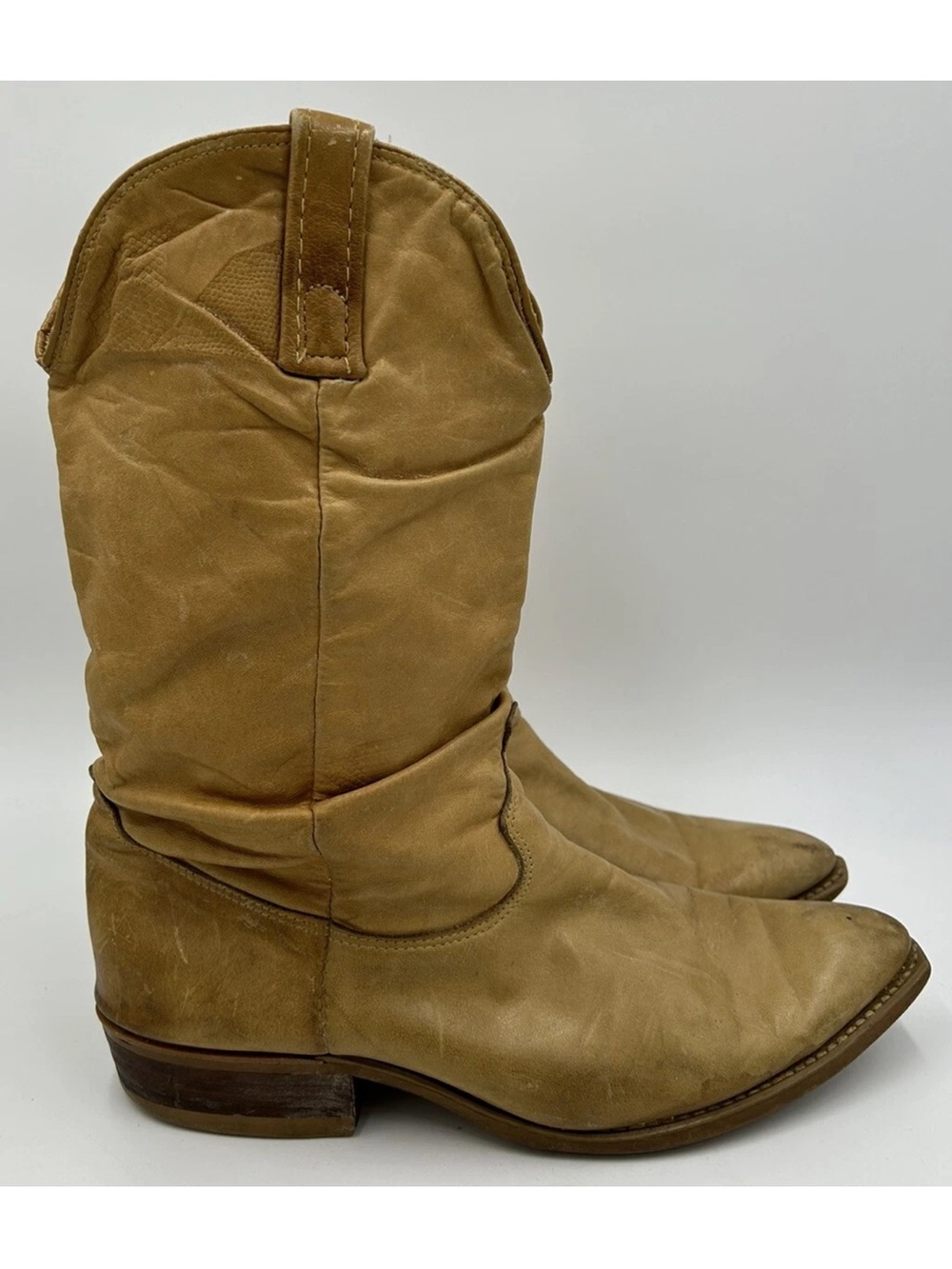 Vintage Dingo Tan Slouch Soft Leather Reptile Print Cowboy Boots Mens 8.5 D US